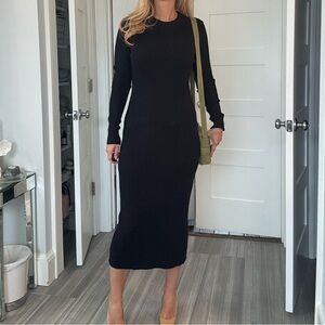 Women's Long Sleeve Ribbed Midi Dress - Black